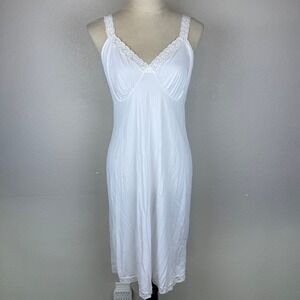 Shadowline‎ White Nylon Lace Trim Slip Dress Vintage Size 36 26" Elegant Chic